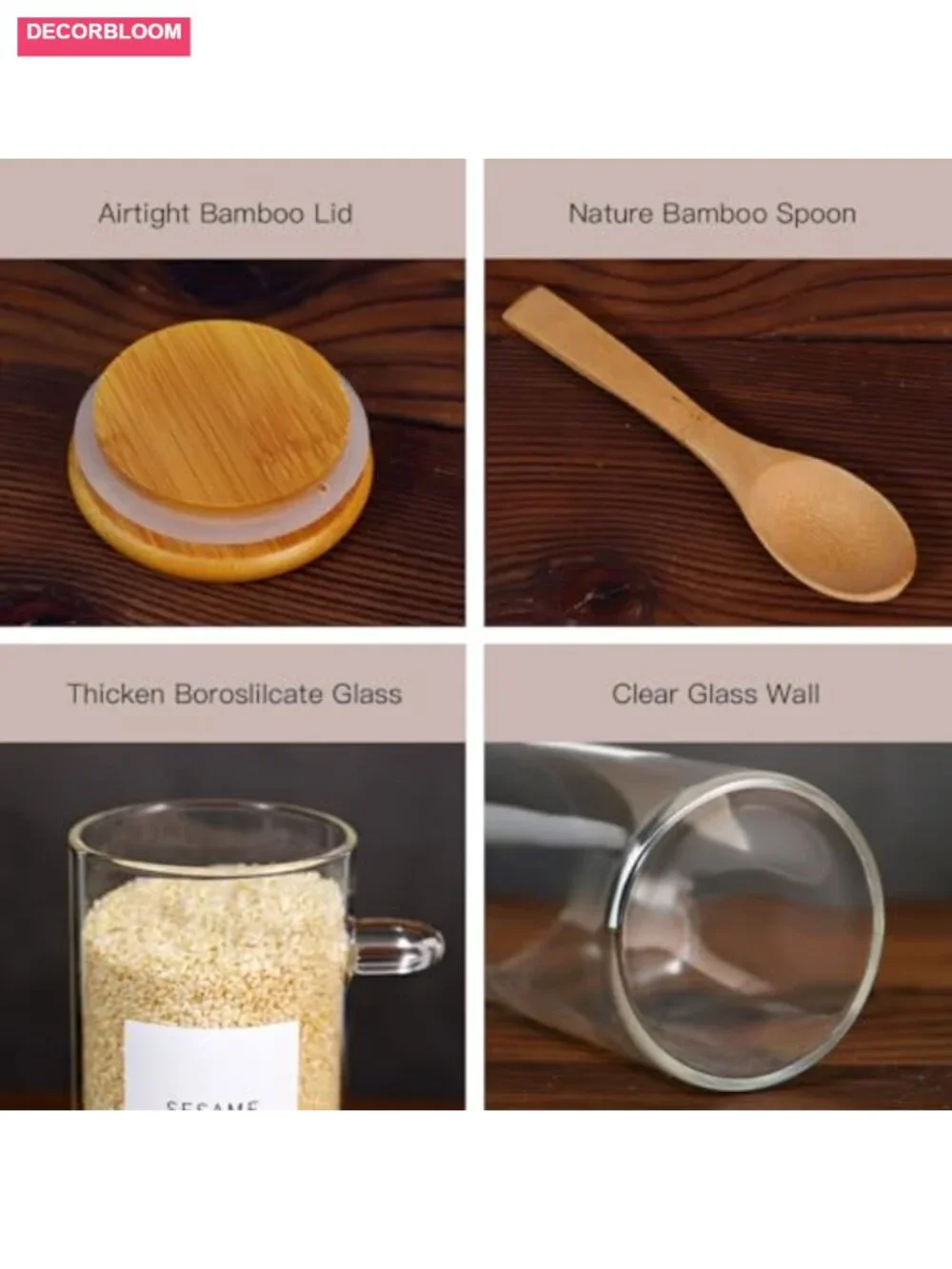 8 Glass Jars with Bamboo Lids & Spoons - 10 oz Spice Jars with Labels for